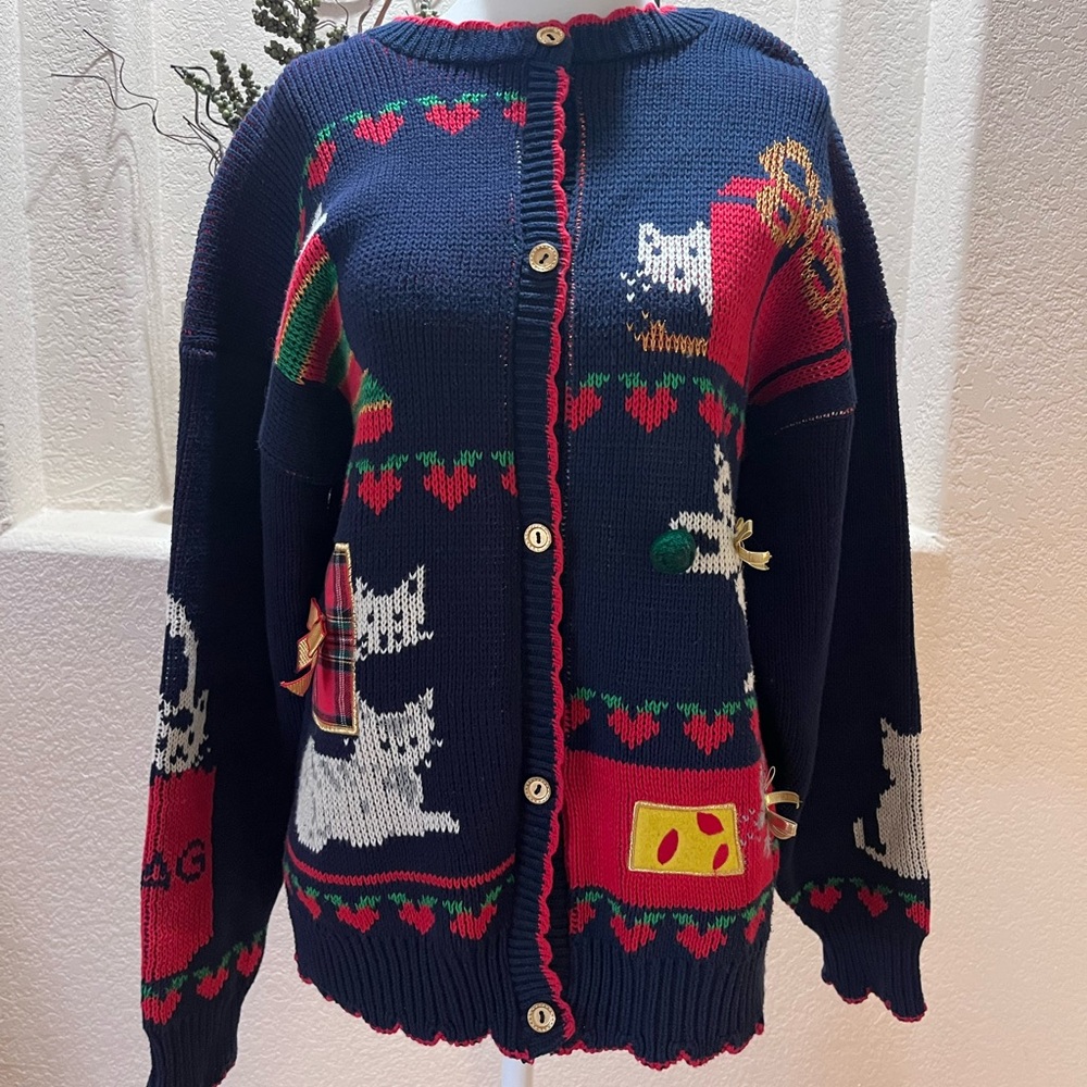 Blue Ugly Christmas Sweater Cardigan Cats Hearts Stockings Womens M Sweater Loft